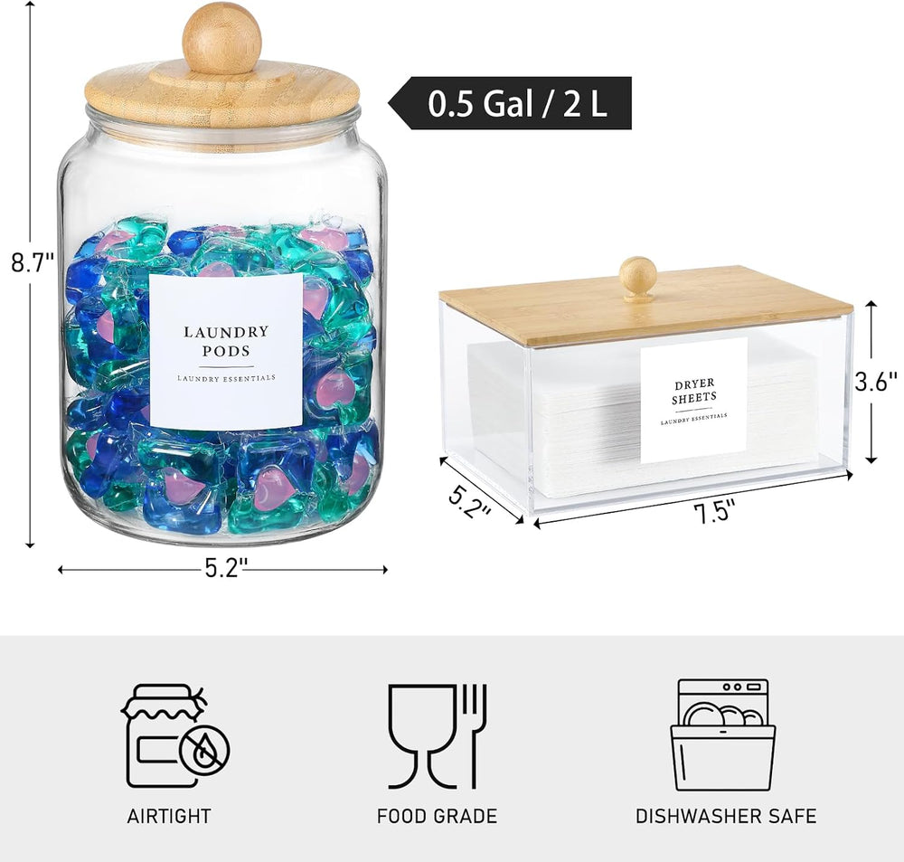 Glass Jars and Dryer Sheet Holder with Bamboo Lids, Dispenser Set and Labels,...