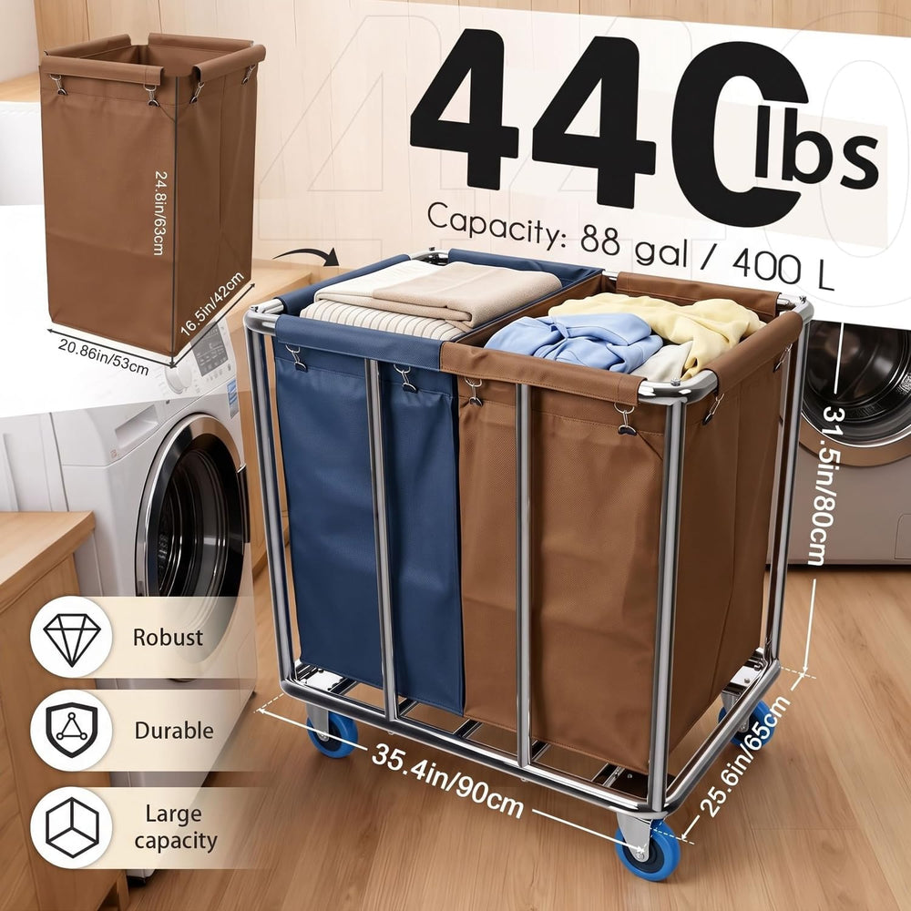 Commercial Laundry Cart with Wheels, 400L 2-Section Industrial Rolling Laundr...