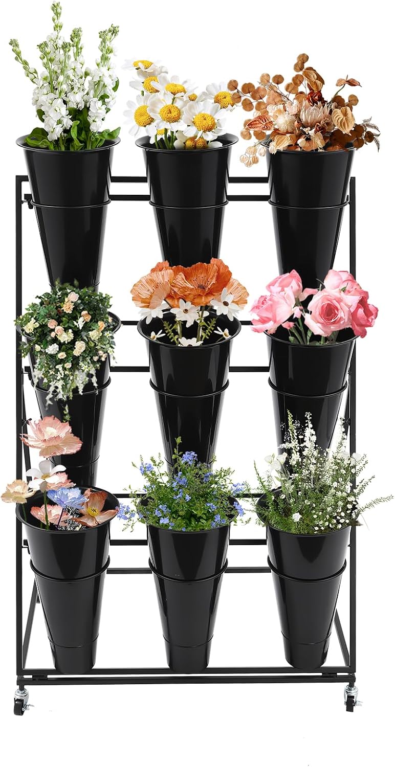 Flower Display Stand With Buckets, Flower Stand Heavy Duty Moving Flower Rack...