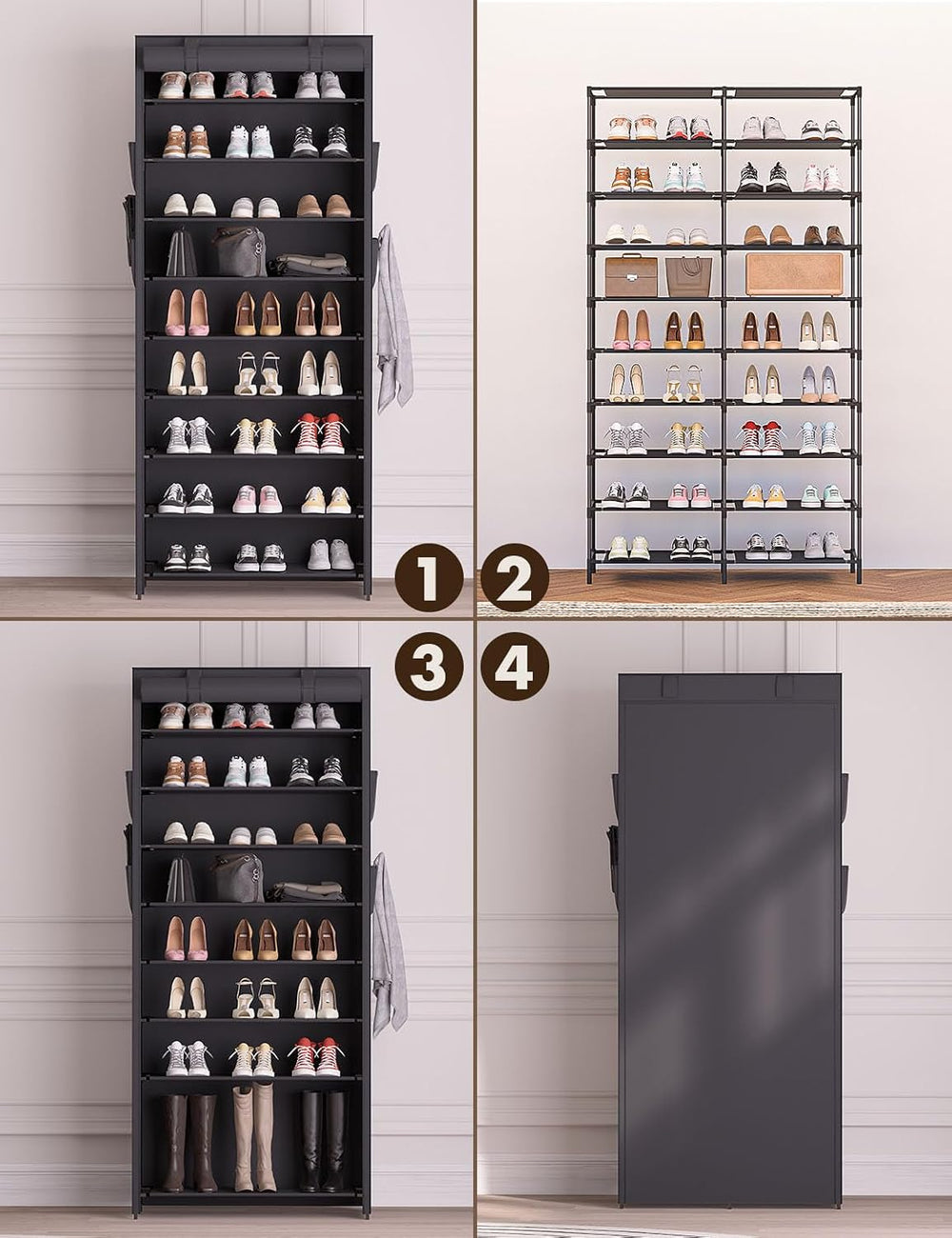 Shoe Rack with Covers - 9 Tiers Tall Shoe Rack Organizer Large Capacity Shoe ...
