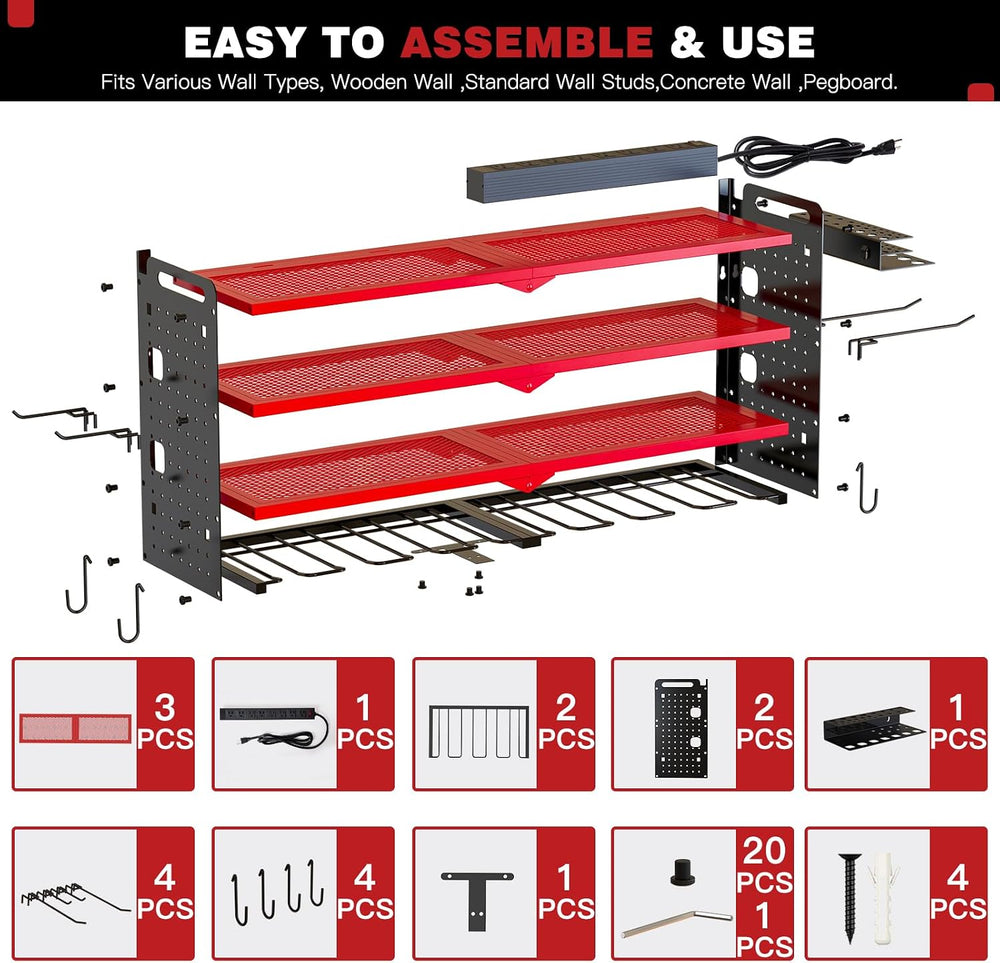 Power Tool Organizer Wall Mount, 8-Drill Charging Station, Red