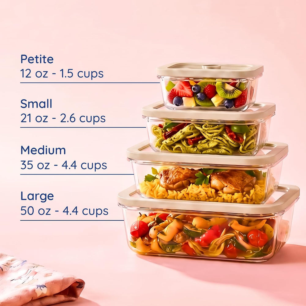 Non-Toxic Glass Food Containers with Lids, 4-Pack, Multi-Size, Beige