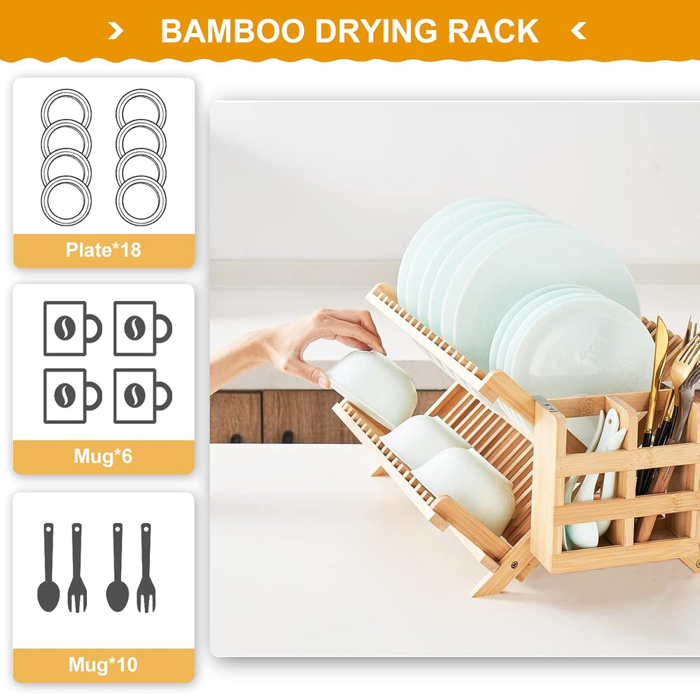 Bamboo Dish Drying Rack, 3-Tier Collapsible Wooden Dish Rack with Utensil Hol...