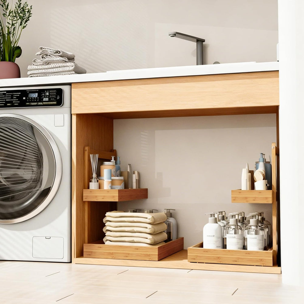 Bamboo Undersink Organizer Storage - 2-Tier Cabinet Shelf with Adjustable Lev...