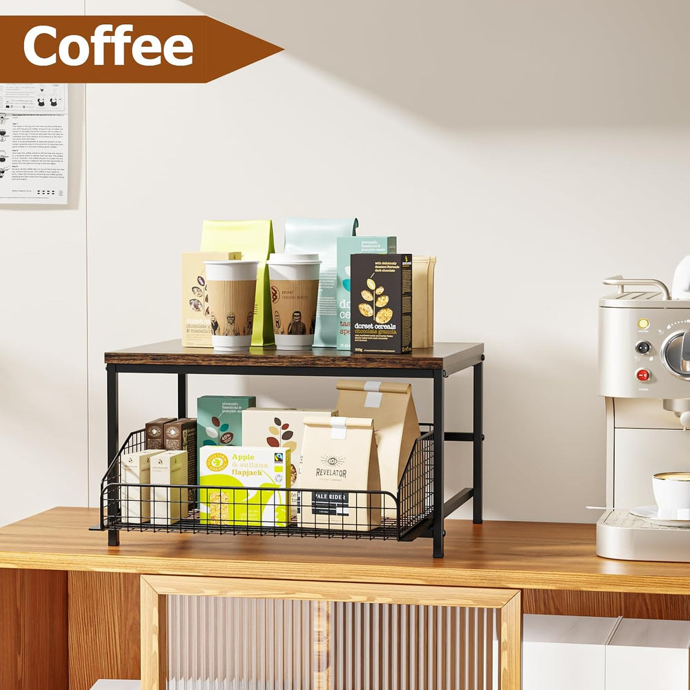 KLM Pull Out Spice Rack Organizer for Cabinet,Rustic Wood Top with Wire Baske...
