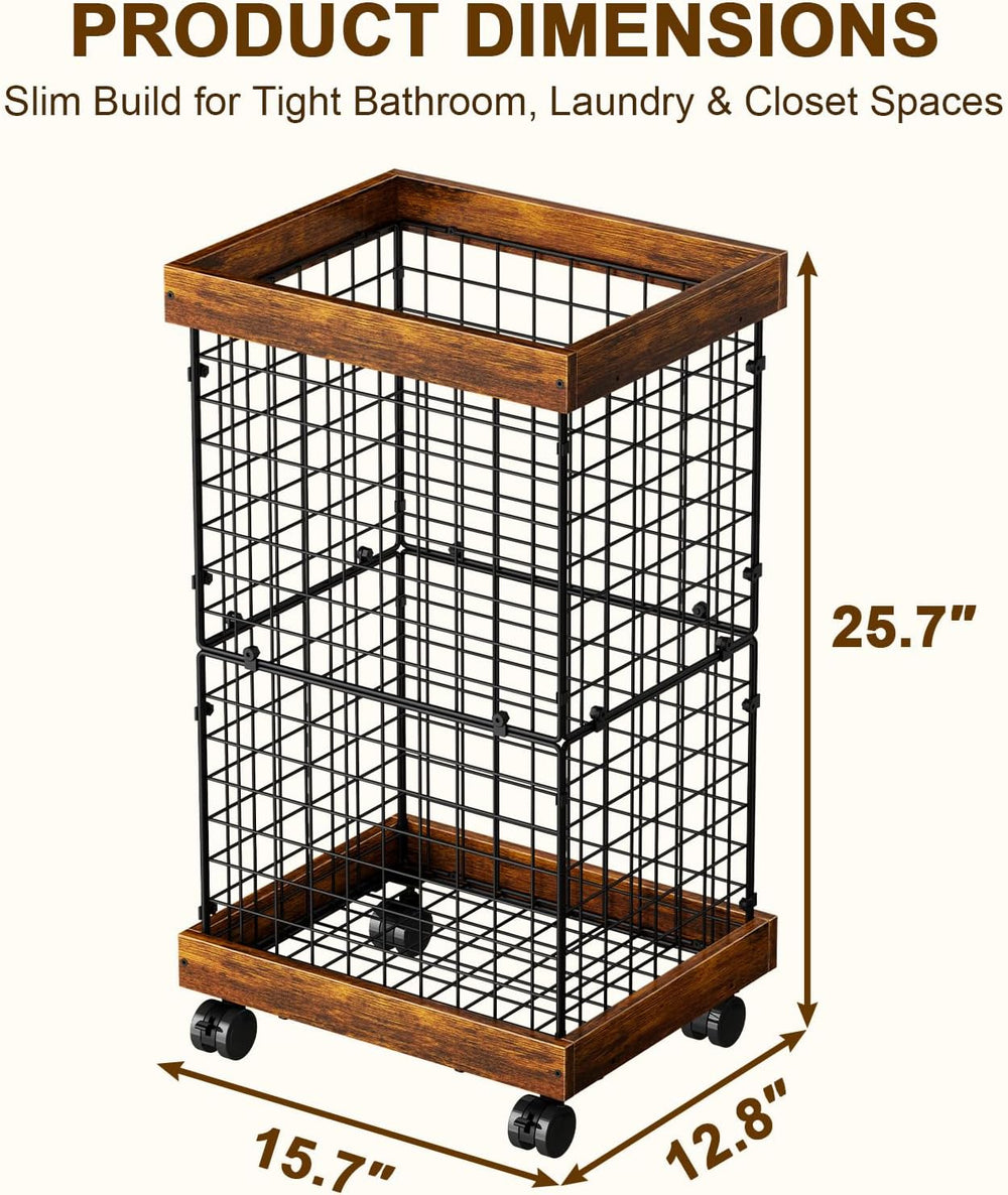 Laundry Basket with Wheels, Rolling Hamper Wooden Wire Laundry Bin