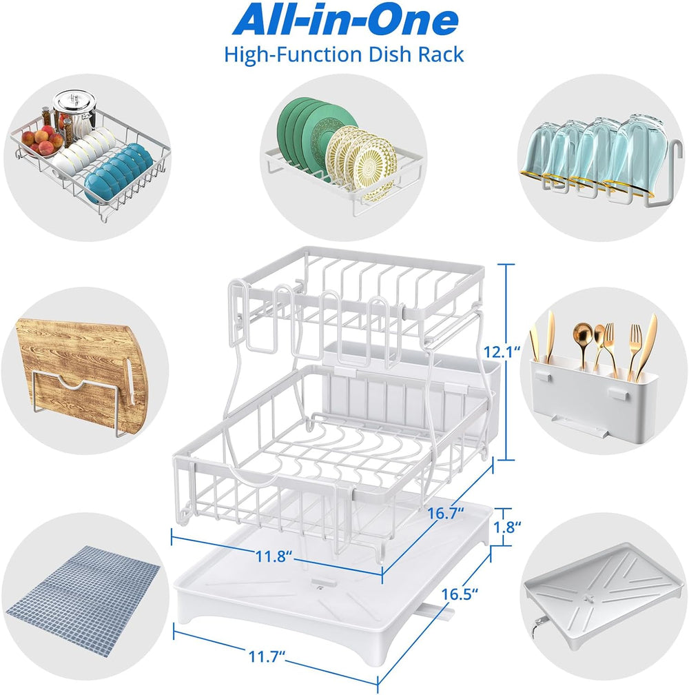 Godboat 2-Tier Dish Drying Rack - Dish Rack with Auto Drain-to-Sink & Mat