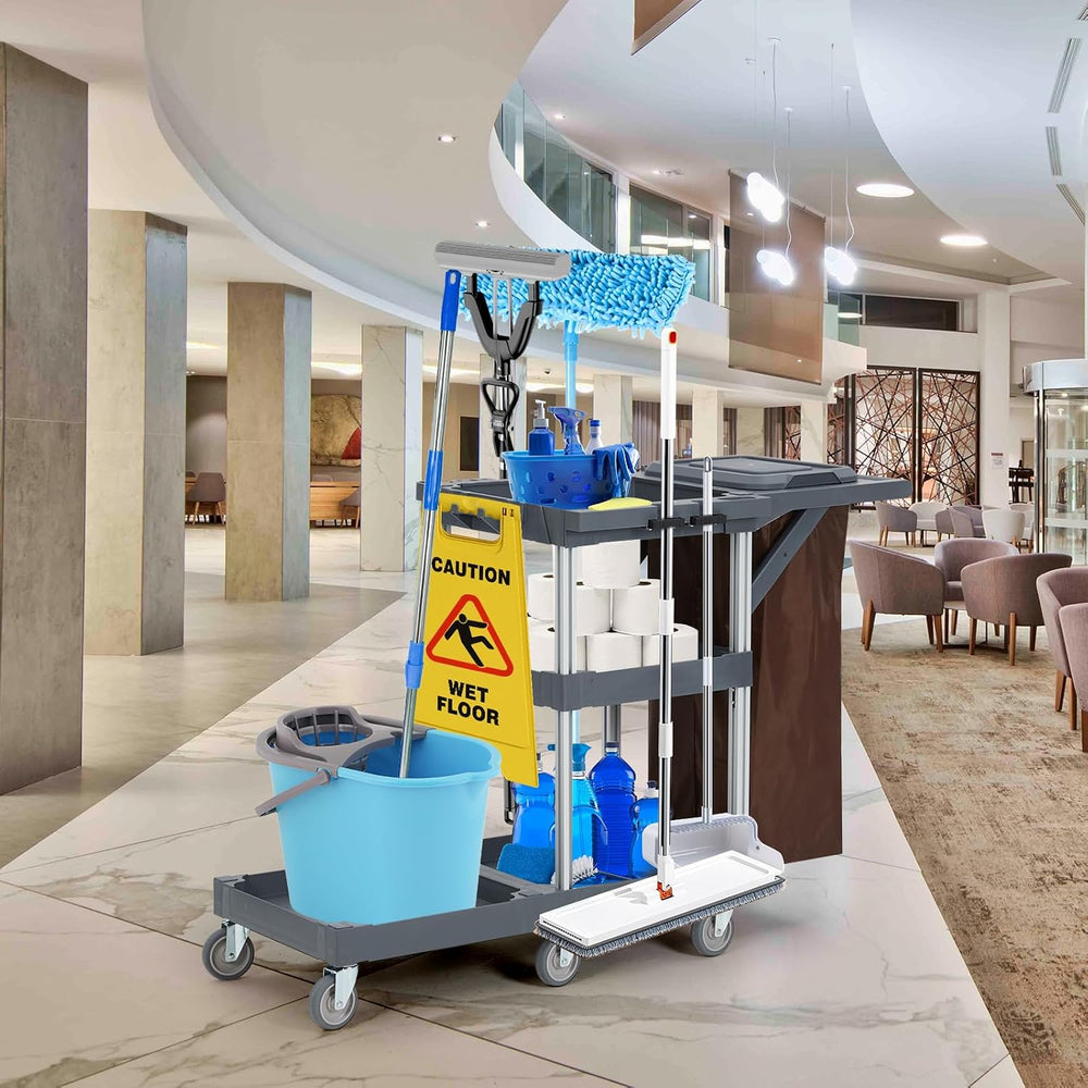 Commercial Janitorial Cleaning Cart on Wheels - Black Housekeeping Caddy with...