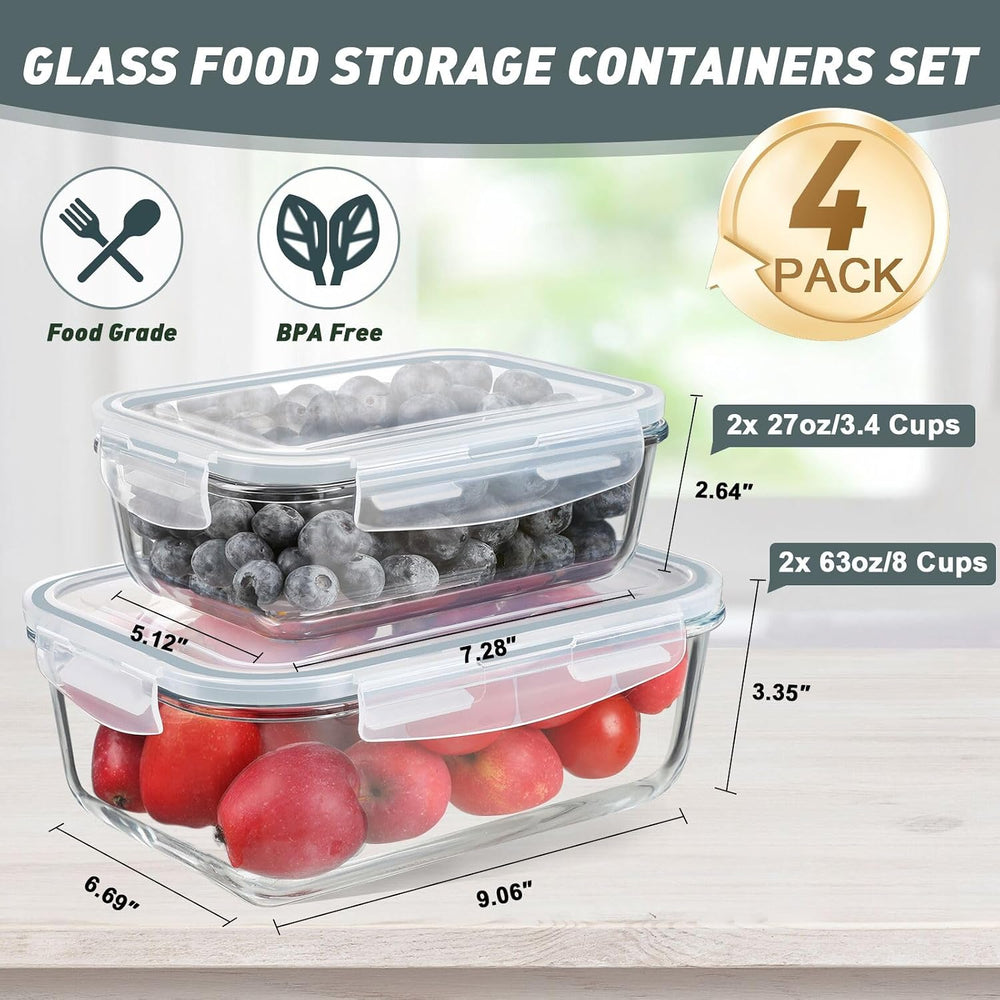 4 Pack 63oz+27oz Large Glass Food Storage Containers Set with Lids