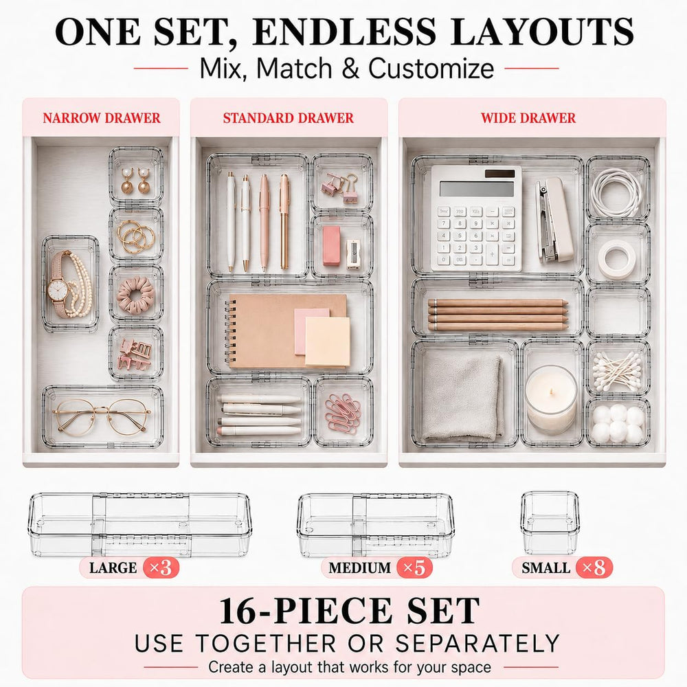 Adjustable Clear Drawer Storage Organizer, 16 Pack 3 Sizes Expandable Plastic...