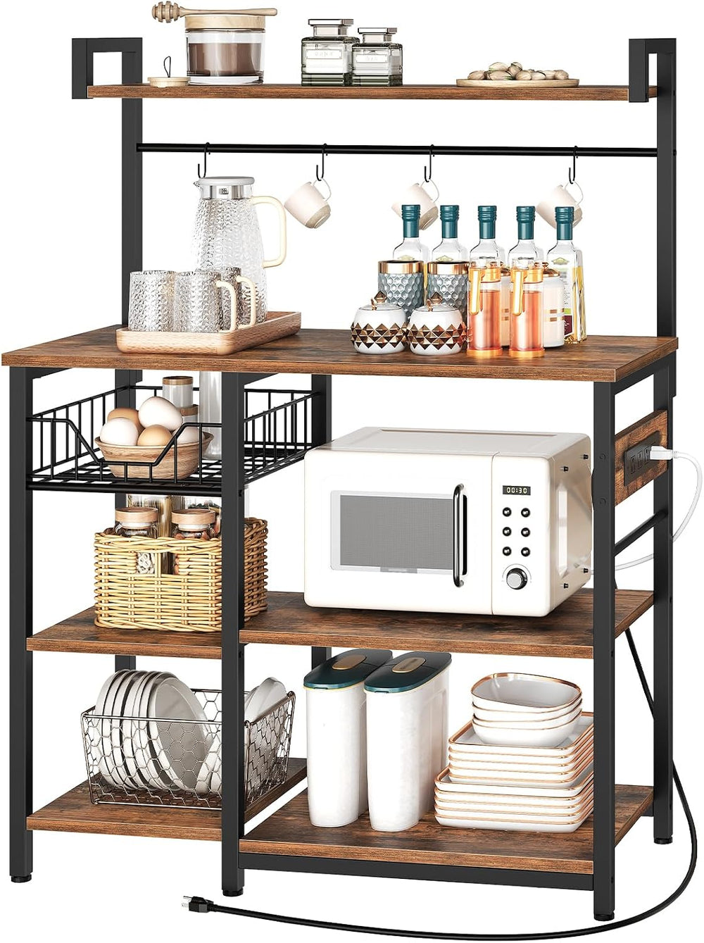 HOOBRO Bakers Rack with Power Outlet, 35.4 Inches Coffee Bar with Mesh Basket...