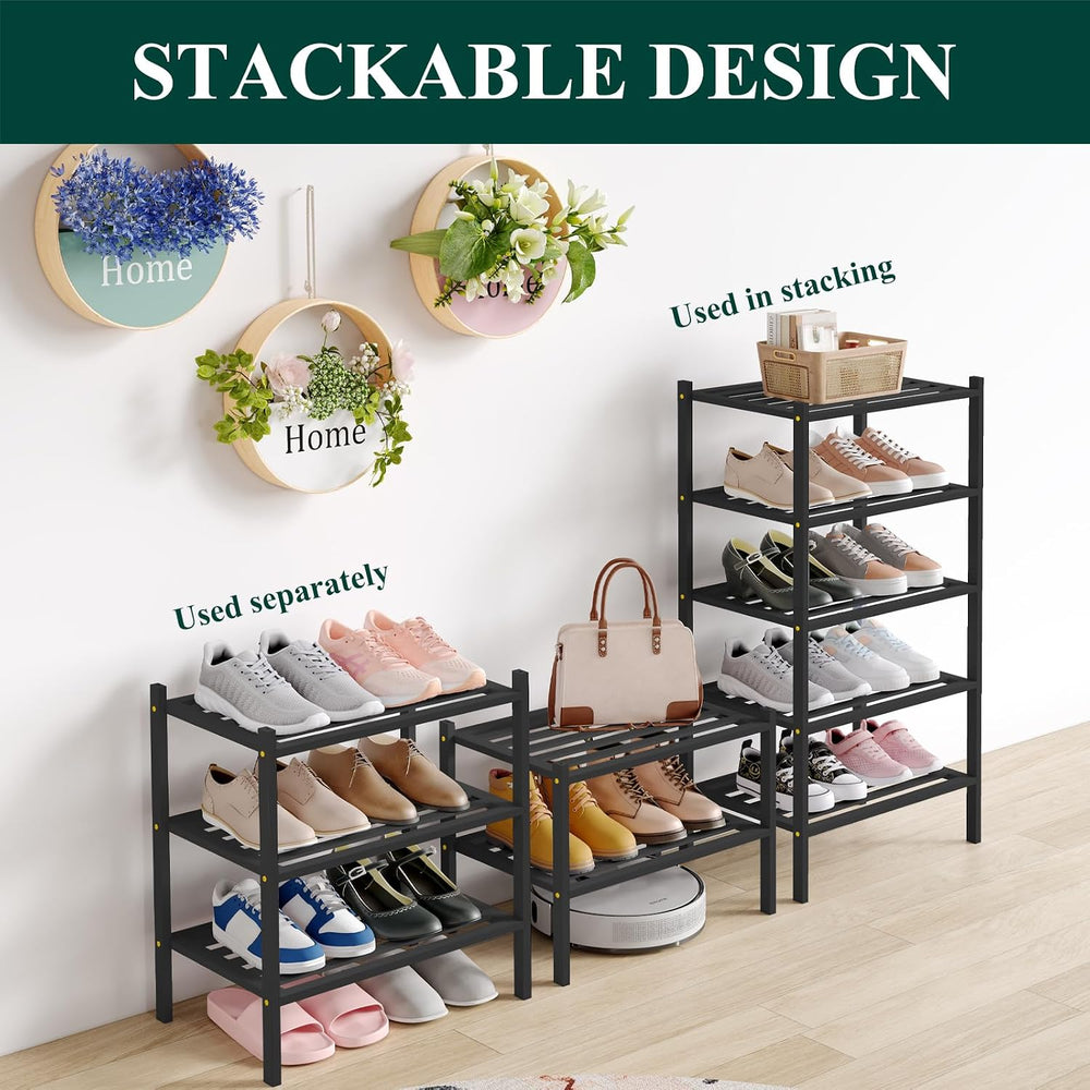 Smiry Bamboo Shoe Rack, 5 Horizontal Slats, 2 Tier - 17.3" Wide, Black