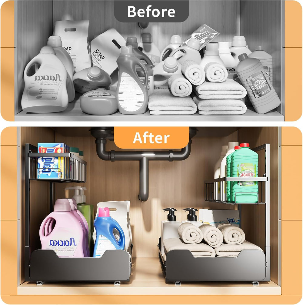 Under Sink Organizer, 2-Tier L-Shaped Pull Out Cabinet Shelf with 2 Installat...