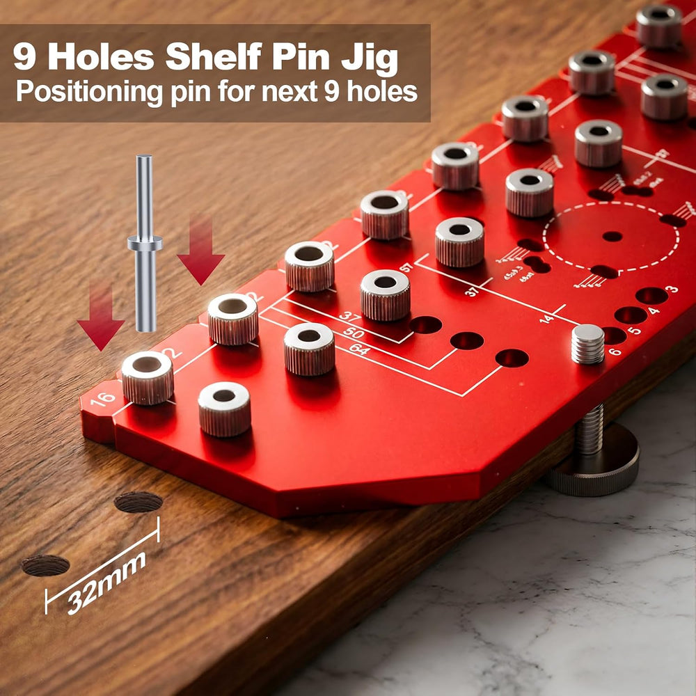 9 Holes Shelf Pin Jig and Hinge Jig 2-in-1, 1/4 Inch & 5mm