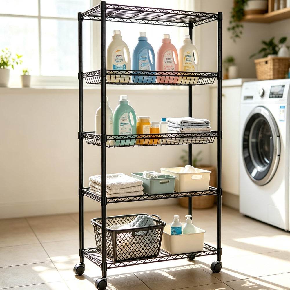 5-Tier Wire Shelving with Shelf Liners, 65"H Basket Metal Shelving Unit