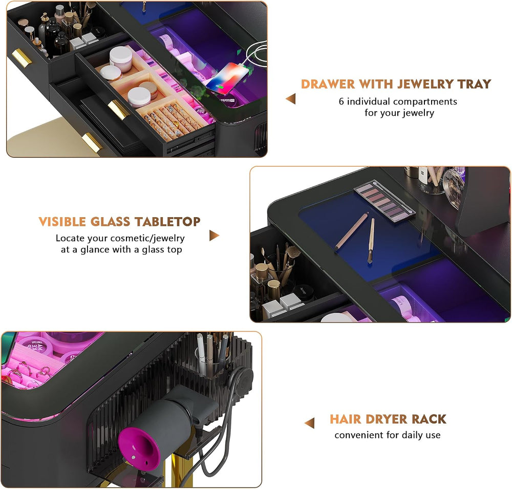 RGB Makeup Vanity Desk with Wireless Charging Station,7 Dynamic and 7 Static ...