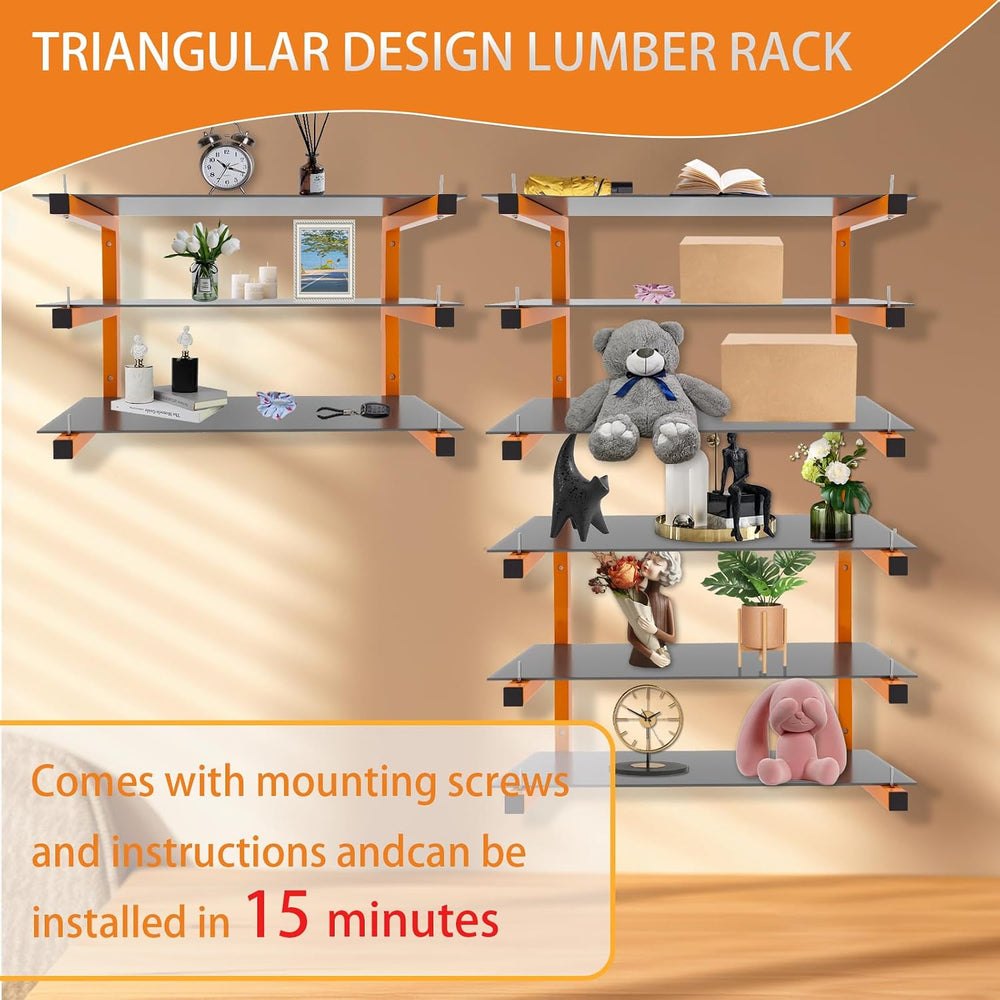 6 Pack Wall-Mounted Lumber Rack, Heavy Duty Wood Storage Racks, 9-Level Syste...
