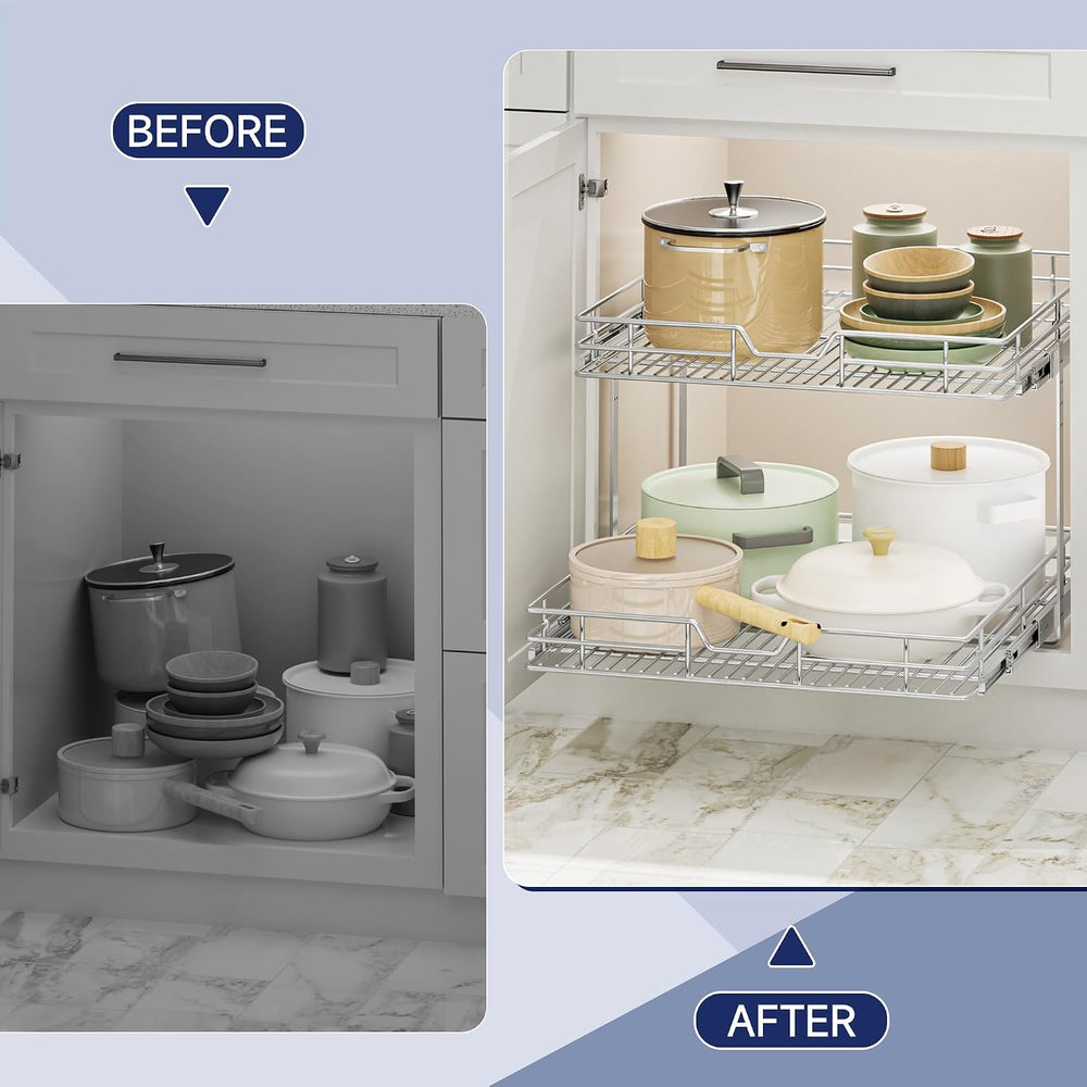 2-Tier Pull Out Cabinet Organizer, 19.5" W x 21.5" D, Heavy Duty Du...