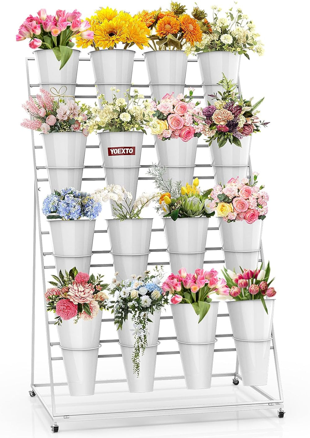 Flower Display Stand with Buckets, 4 Layers 16 PCS Buckets Plant Stand with W...