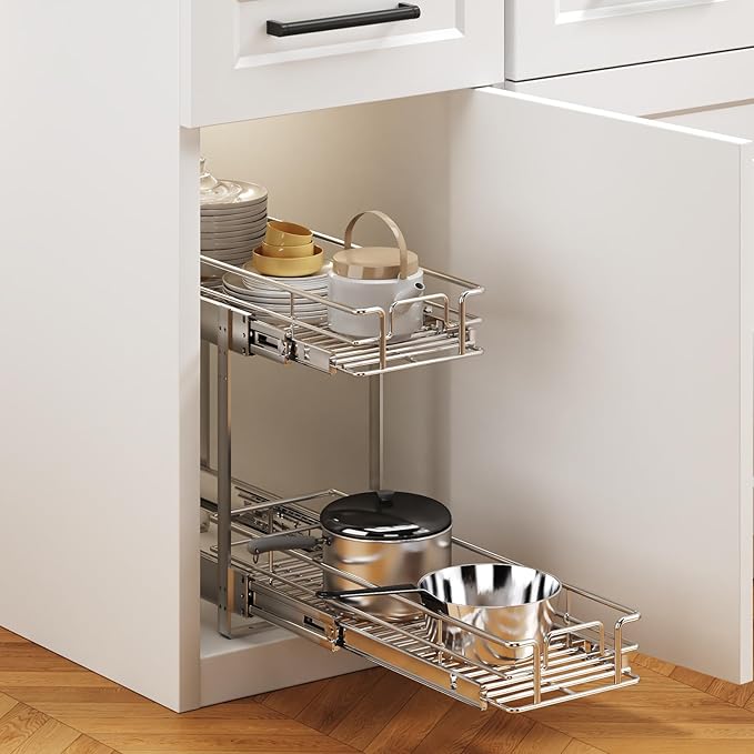 2 Tier Individual Pull Out Cabinet Organizer 7½" W x 21½" D, Heavy ...