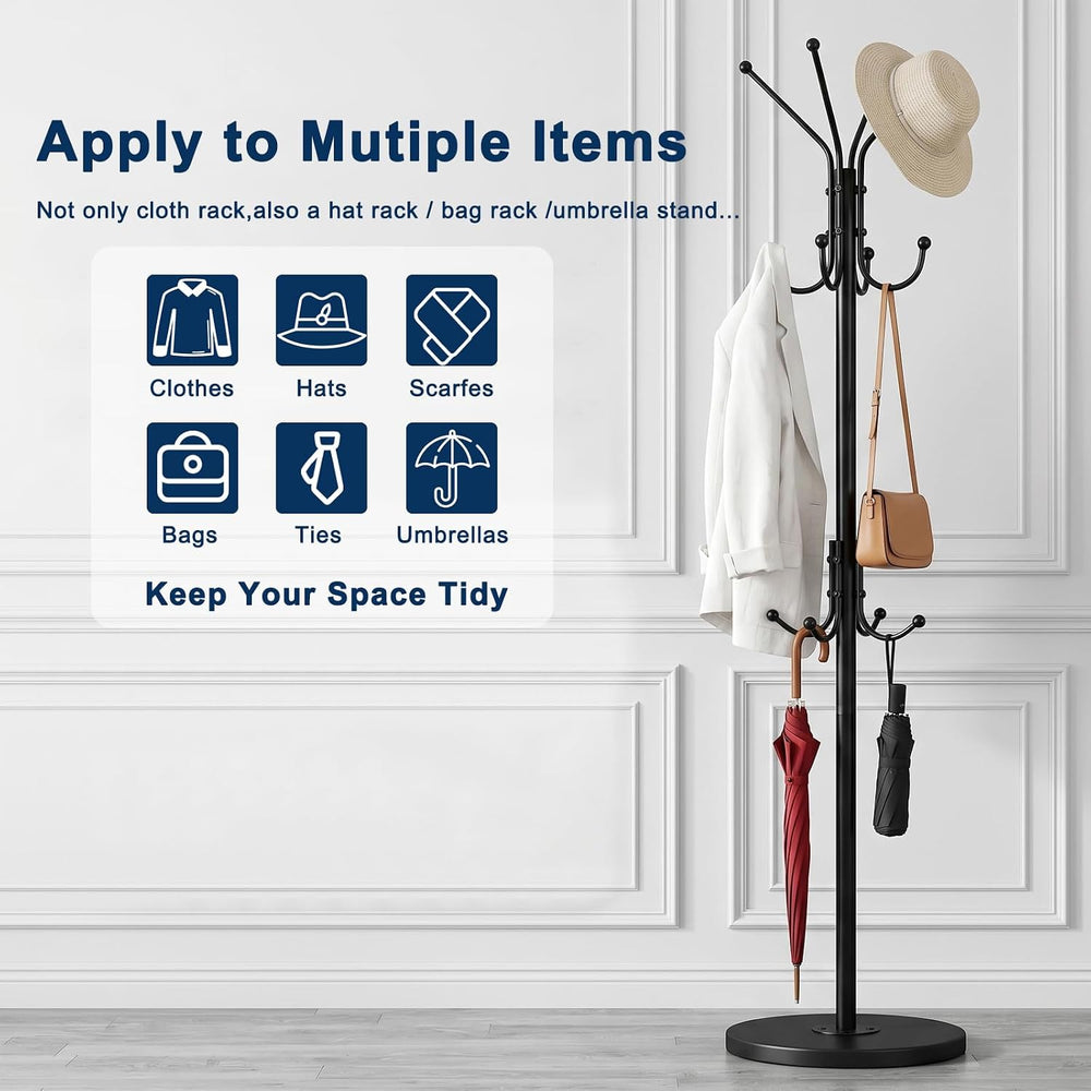 Freestanding Coat Rack, 12 Hook, Black Coat Stand with Wood Base