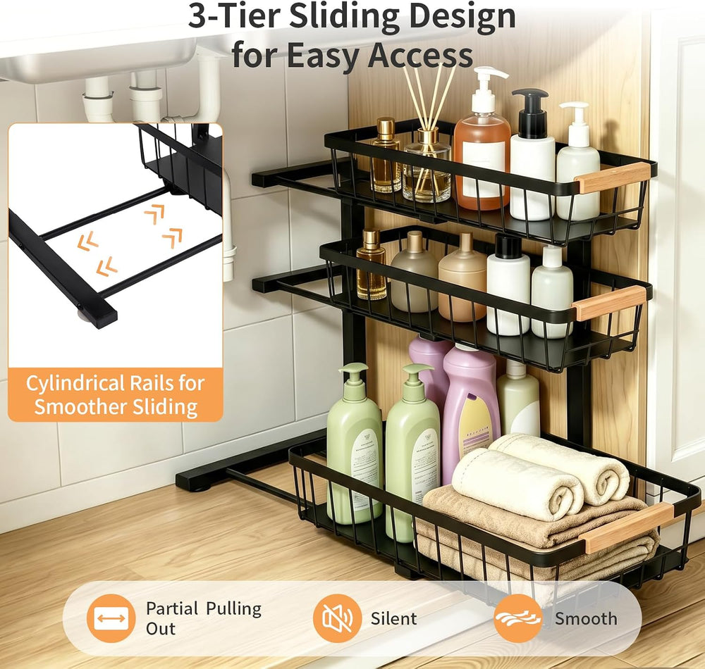 3 Tier Grid Pull Out Organizer Black 2 Pack Sliding Rack