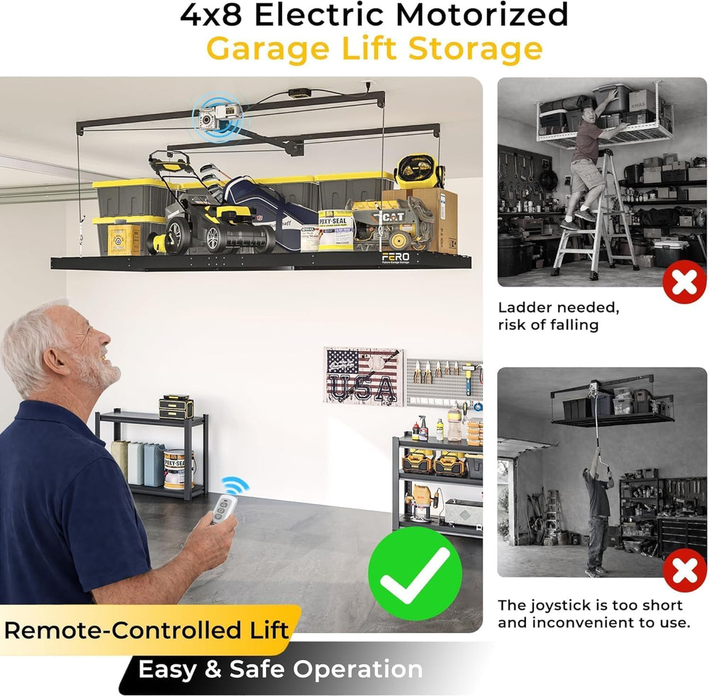 FERO Motorized Overhead Garage Storage Rack with Remote Control, Heavy-Duty C...