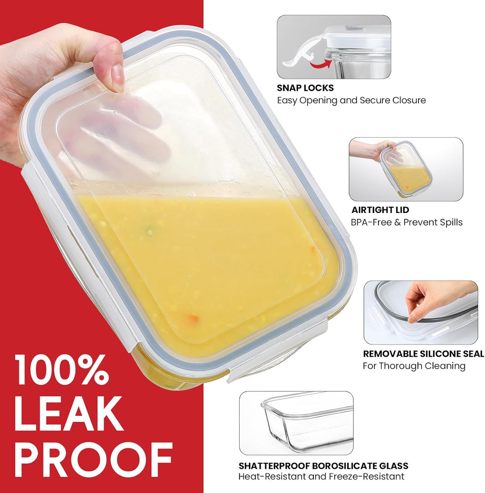 4 Pack 8 Cups/ 63oz Large Glass Storage Containers with Lids, Meal Prep Conta...