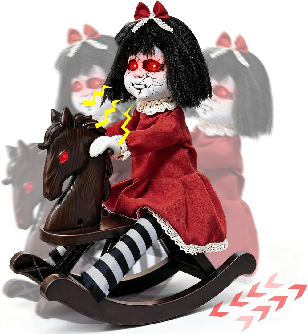 Halloween Animatronic Decorations Girl Doll on Rocking Horse with Lights