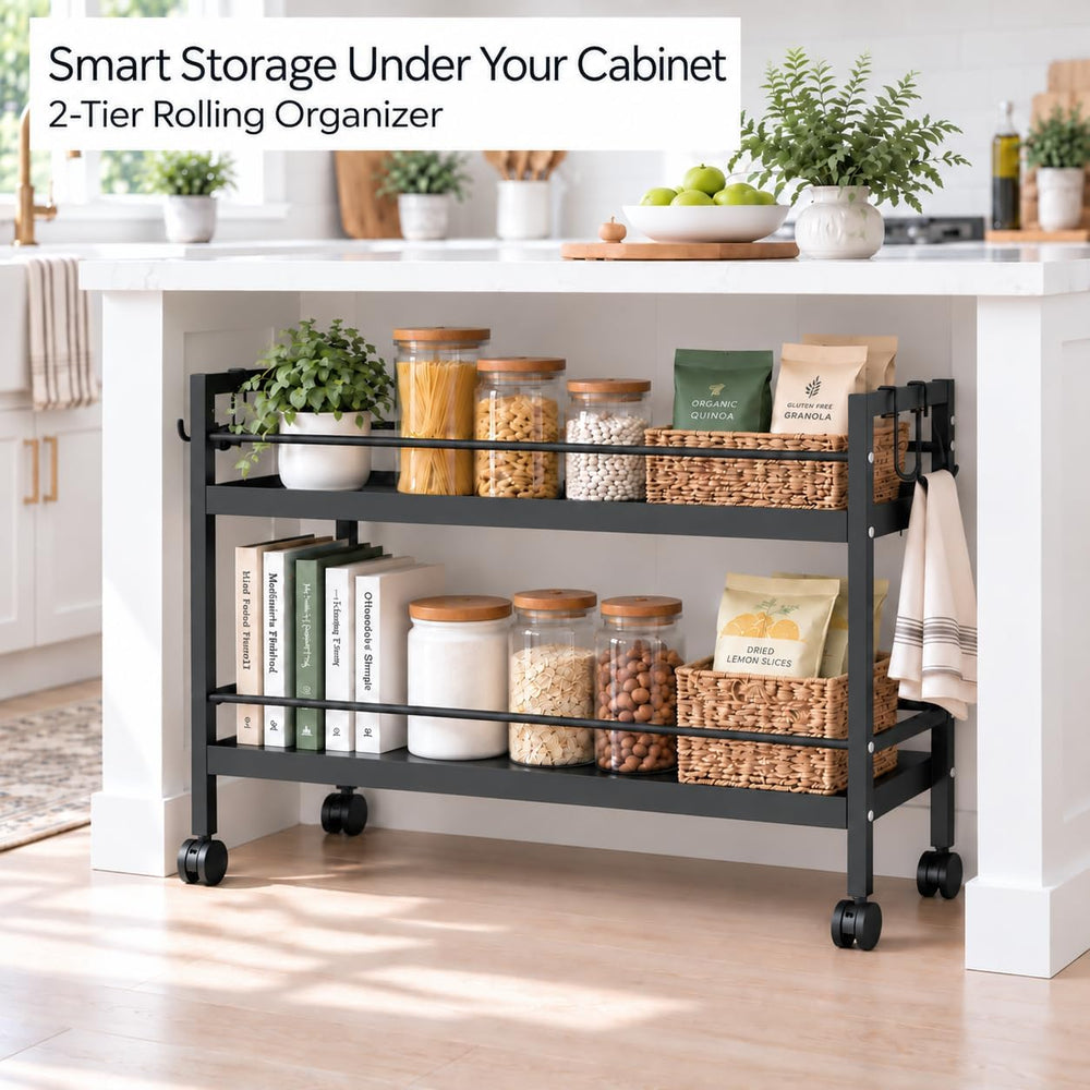 2-Tier Expandable Rolling Pantry Cart, Pantry Floor Organizers and Storage