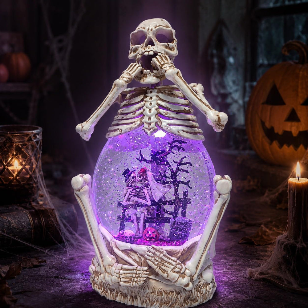 Halloween Skeleton Couple Snow Globe Lantern, Lighted Water Glitter Halloween...
