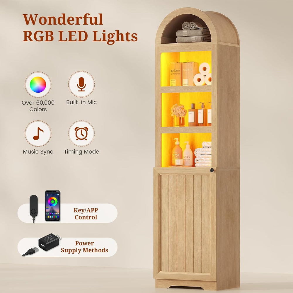 72" Tall Arched Narrow Bathroom Storage Cabinet with Lights, Slim Storag...