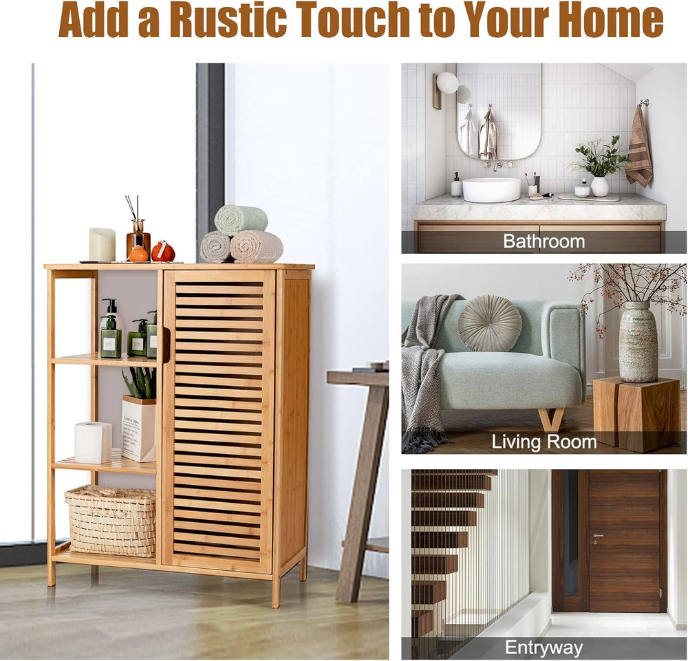 Tangkula Bamboo Bathroom Floor Cabinet, Storage Cabinet with Shutter Door and...