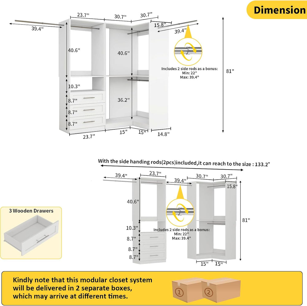 Closet System with 3 Drawers, Corner Closet Organizer System with 5 Hanging R...