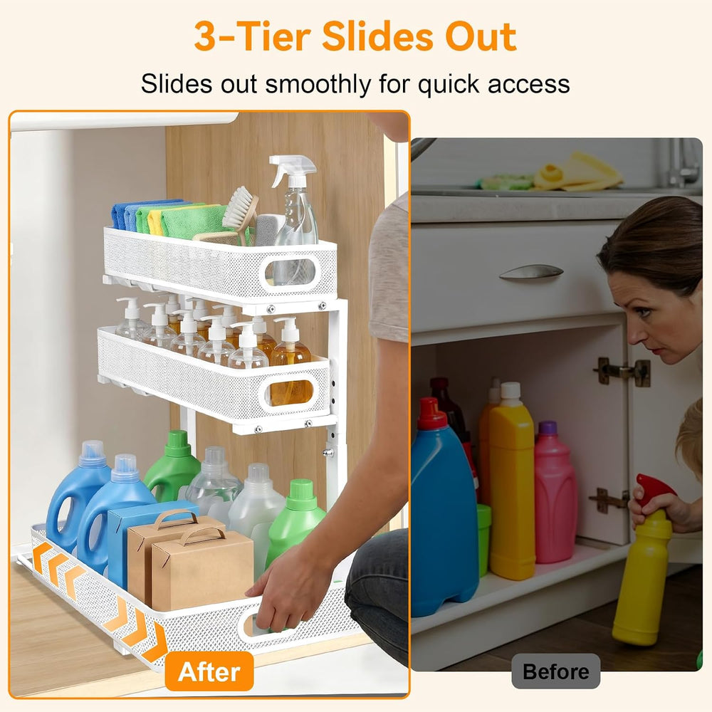 3 Tier Adjustable Under Sink Organizer for Bathroom & Kitchen(2Pack, White)