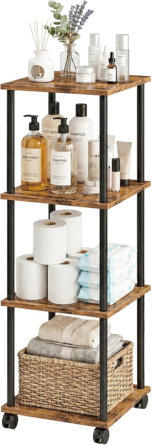 4-Tier 38.2" Tall Rustic Brown Bathroom Shelving Unit with Wheels