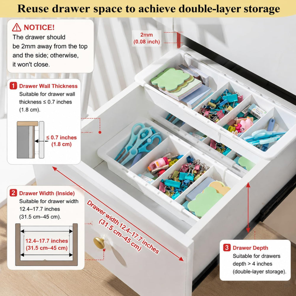3 Pcs Expandable Deep Drawer Organizer Bins for Desk, White