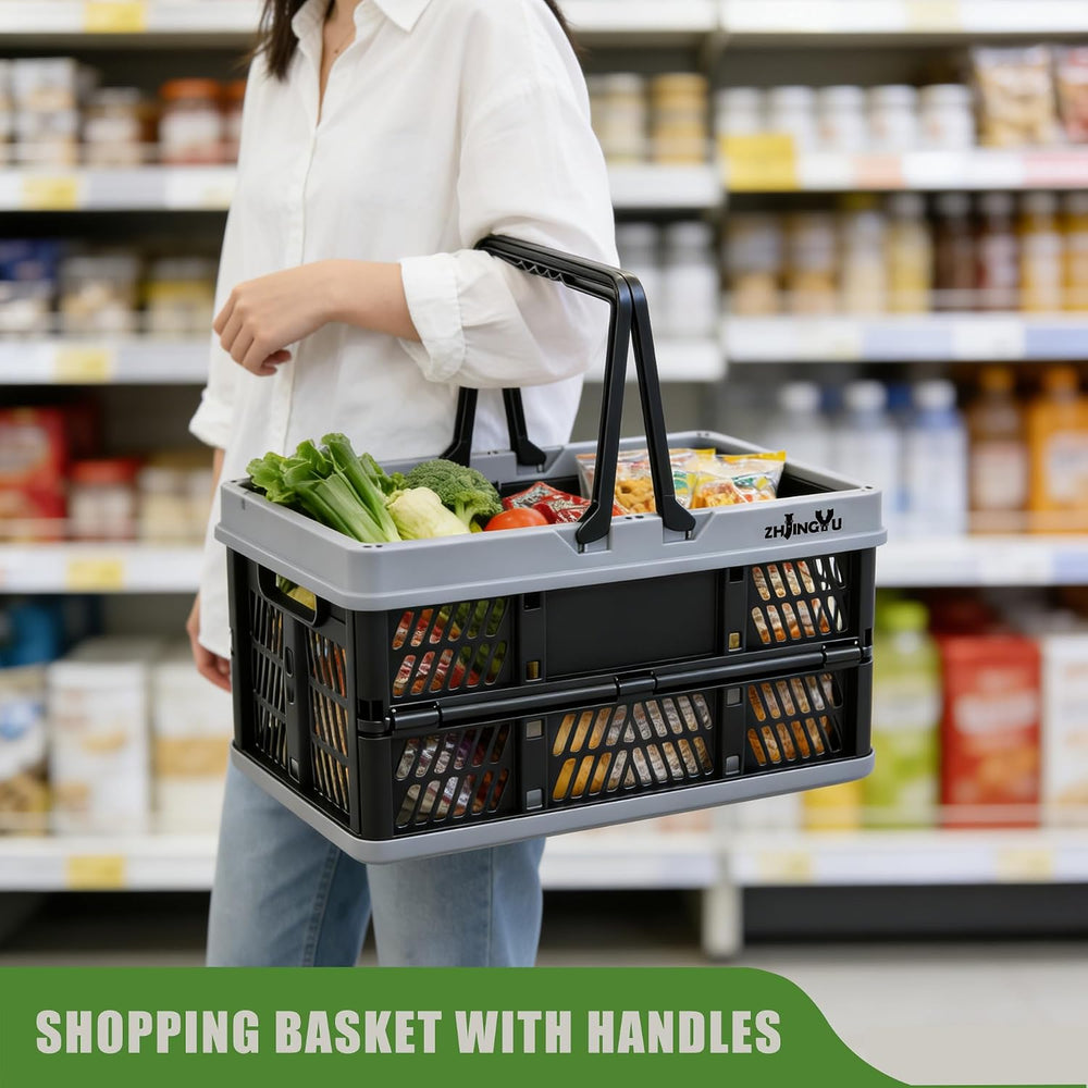 20L Plastic Basket with handles,2-pack Black Collapsible crates for storage