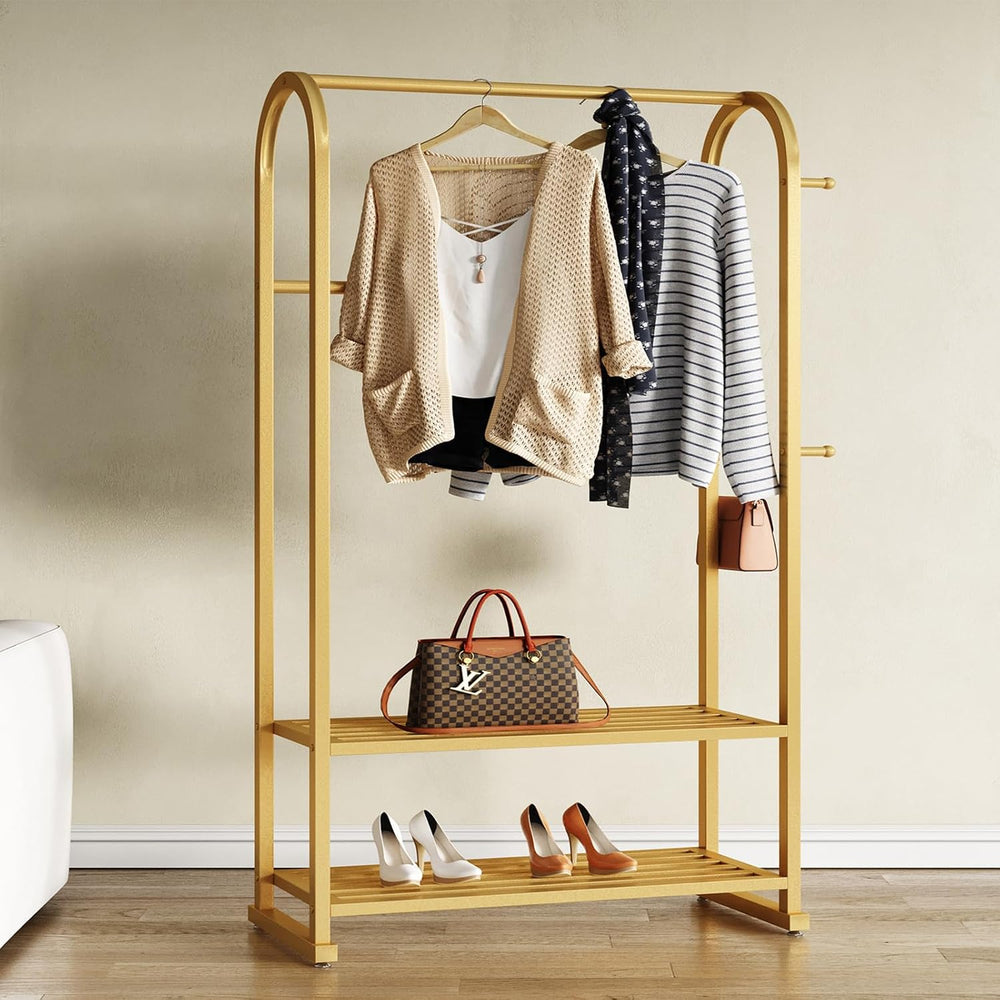 Gold Clothing Rack with 2 Shelves and Side Hooks,Freestanding Metal Garment R...