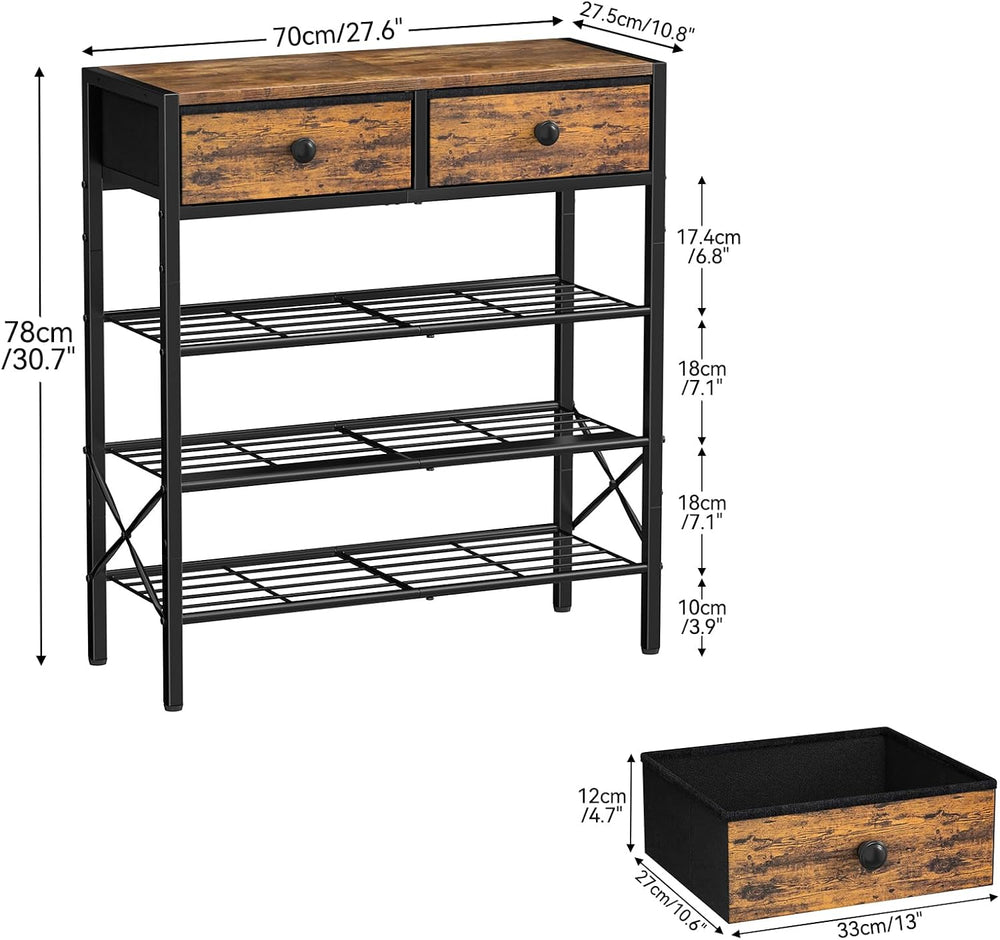 4 Tier Shoe Rack with 2 Drawers, 12-16 Pairs Rustic Brown