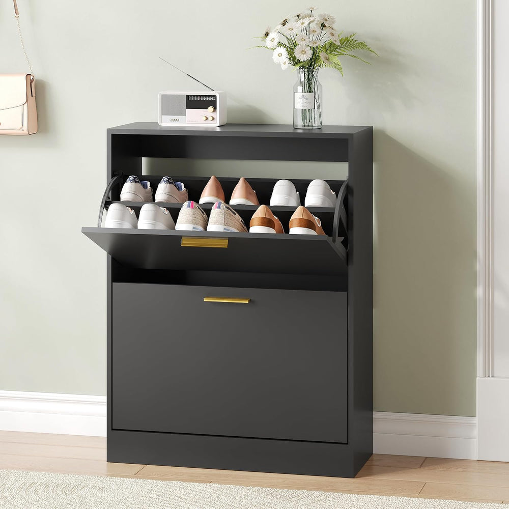 Shoe Cabinet Storage with 2 Flip Drawers and Closed Base, Black丨Hidden Shoe O...