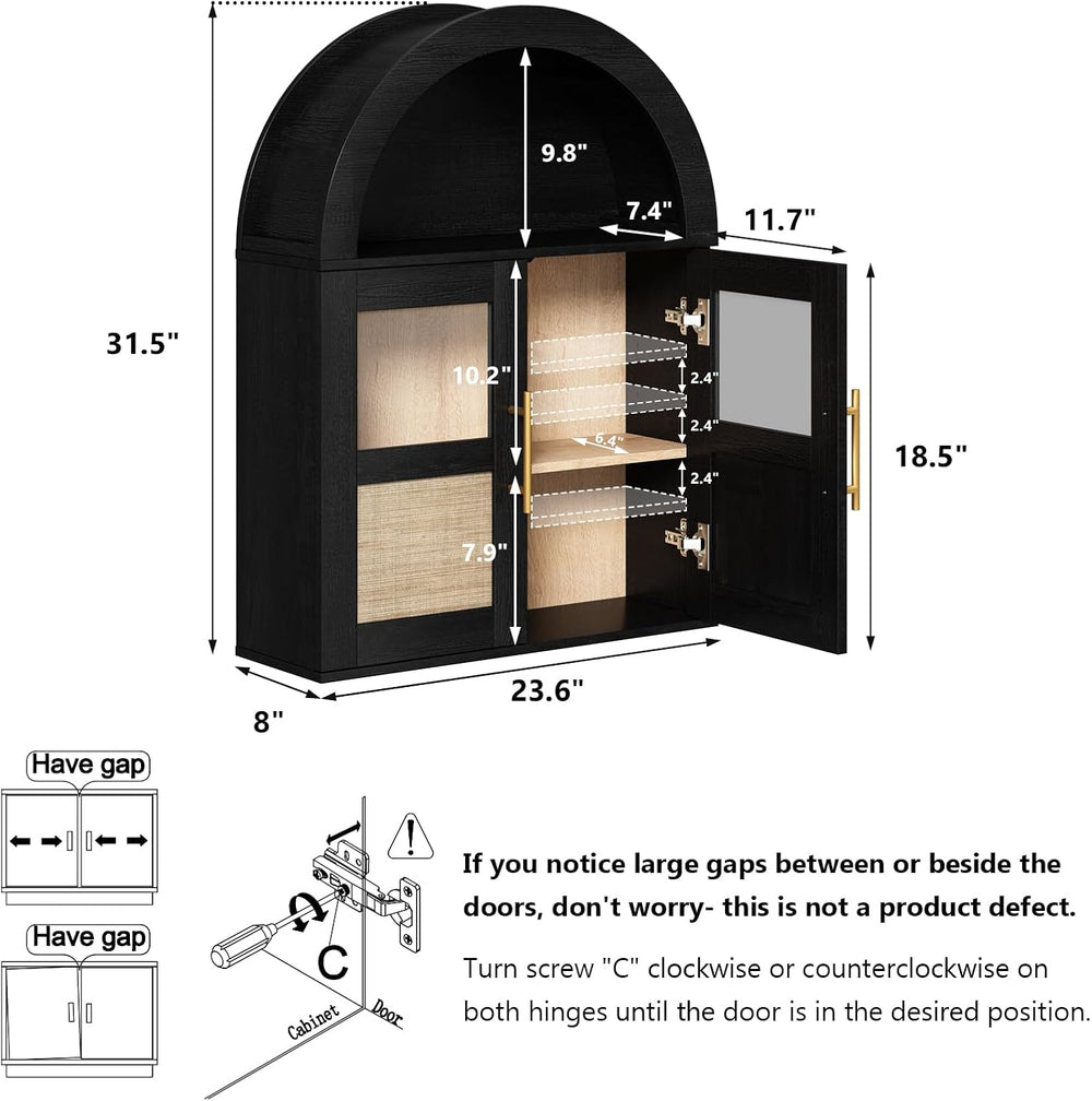 RUSTOWN Arched Bathroom Wall Cabinet with 2 Glass & Rattan Doors