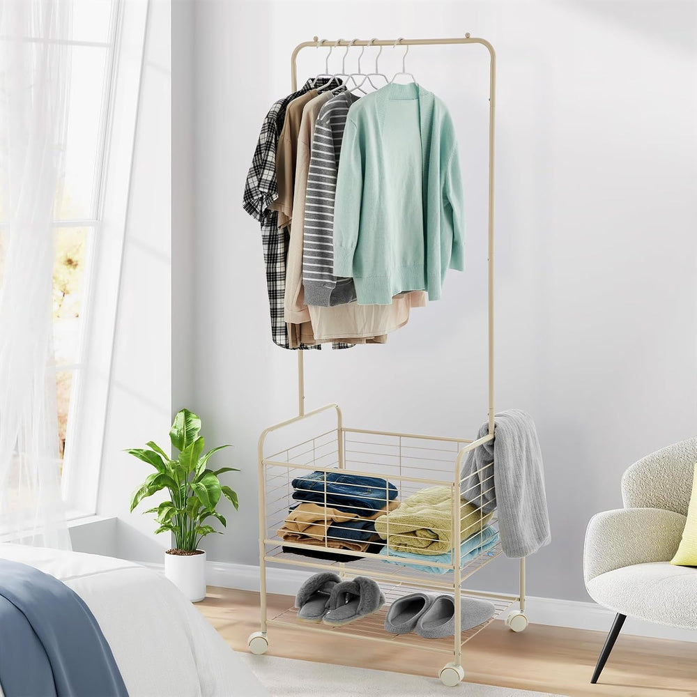 Laundry Cart with Hanging Clothes Rack, Rolling Laundry Cart with Storage Bas...
