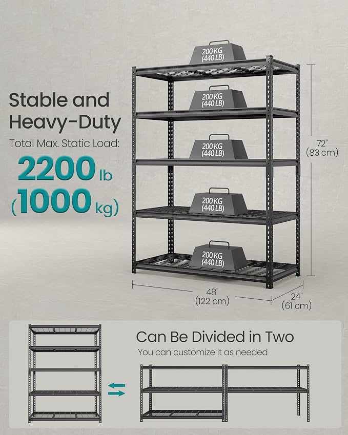 SONGMICS 5-Tier Storage Shelves, Heavy-Duty Garage Shelving, Adjustable (Set ...