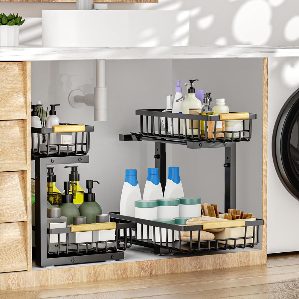 2Pcs Under Sink Organizer, 2-Tier Pull Out Under Sink Organizers and Storage,...