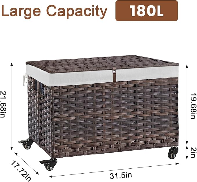 Rolling Storage Basket with Lid, 47.6 Gallon Storage Bin with Wheels, Woven