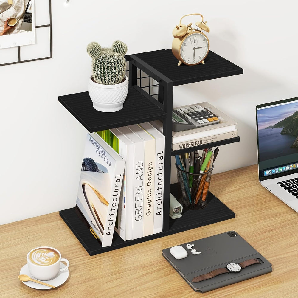 Desktop Bookshelf, 4 Tier Wood Desk Organizer Shelf, Tabletop Storage Shelf R...