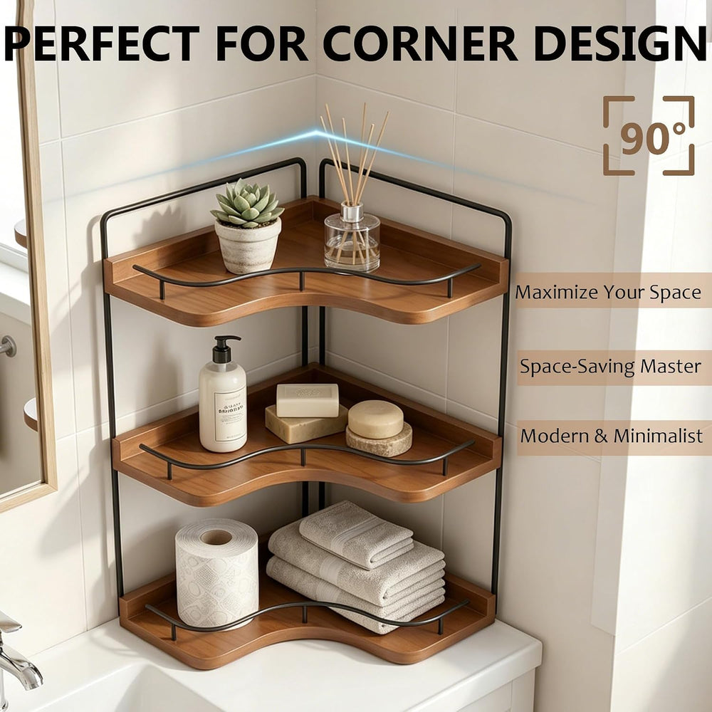 3-Tier Corner Bathroom Counter Organizer, Solid Wood Corner Shelf