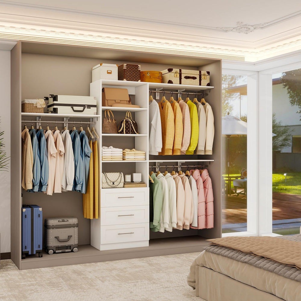 Closet System with Drawers, 5FT-8FT Closet Organizer System with 3 Cuttable S...