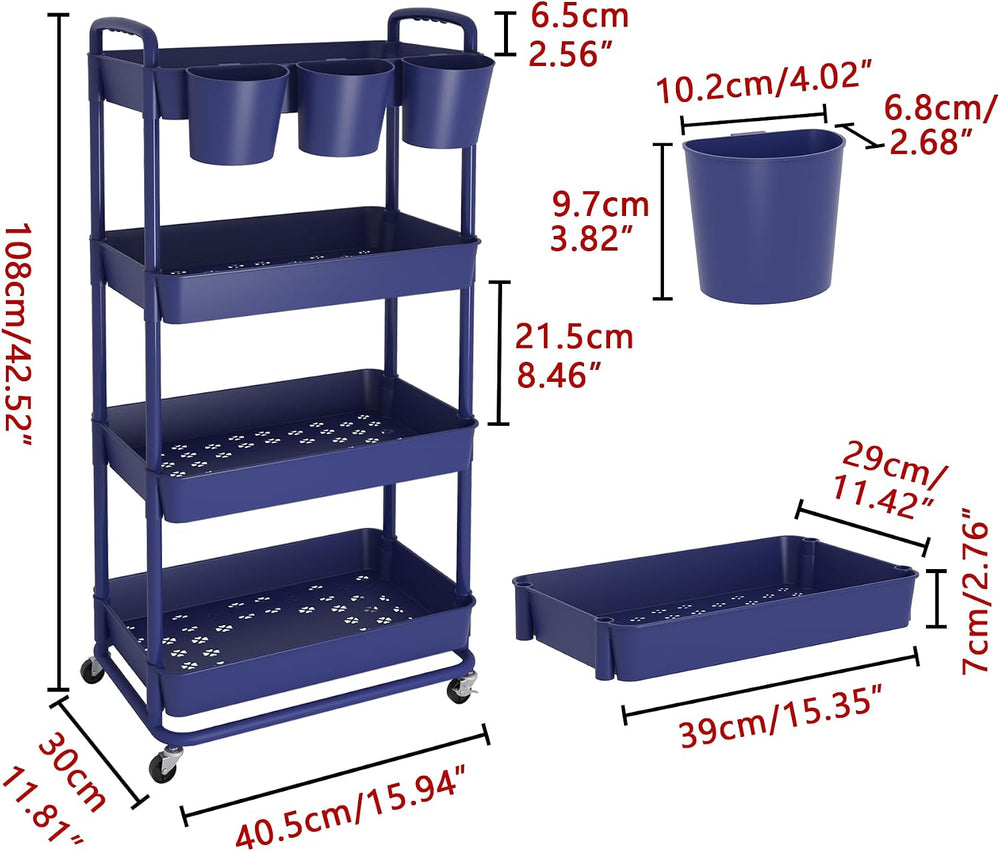 JIUYOTREE 4-Tier Plastic Rolling Storage Cart Utility Cart Blue